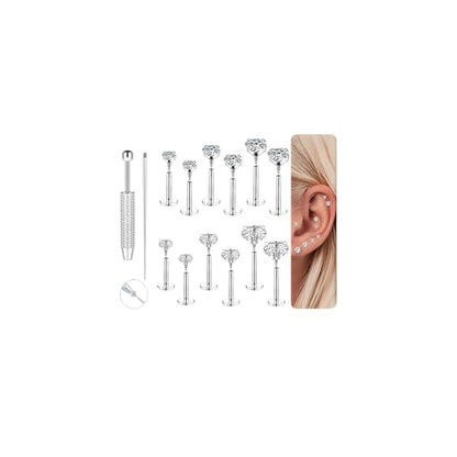18G 16G Hypoallergenic Surgical Stainless Steel Internal Thread Tragus Labret Cartilage CZ Stud Piercing Jewelry Helix Cartilage Conch Nose Lip Labret Medusa Piercingenic Be Equipped With Piercing Ball Grabber Tool Flat Back Stud Earrings for Women Men -