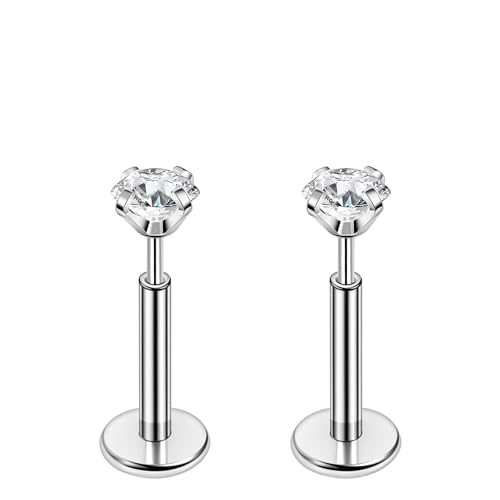 PunkTracker 16g/18g/20g Titanium Steel Threadless Flat Back Cartilage Earrings for Helix/Tragus/Conch/Daith/Earlobe - Nose Studs Lip Rings Labret Monroe Piercing Jewelry for Women Men 2PCS - style: 18g,silver,6mm bar,2mm gem