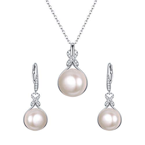 EleQueen 925 Sterling Silver CZ Freshwater Cultured Pearls Bridal Pendant Necklace Earrings Wedding Jewelry Sets, Valentine's Day/Mother's Day/Christmas Gift - style: Pearl Necklace Leverback Earrings