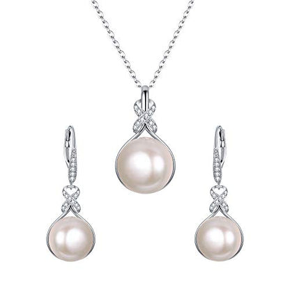 EleQueen 925 Sterling Silver CZ Freshwater Cultured Pearls Bridal Pendant Necklace Earrings Wedding Jewelry Sets, Valentine's Day/Mother's Day/Christmas Gift - style: Pearl Necklace Leverback Earrings