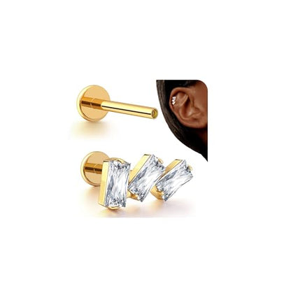 G23 Titanium 16G Tragus Conch Piercing Jewelry Flat Back Stud Earrings | Hypoallergenic CZ Nose Dangle Helix Medusa Lip Labret Body Piercing Jewelry, 14K Gold Plated, Silver, 6 and 8 mm Post Length - color: Trinity Sparkle-14K Gold