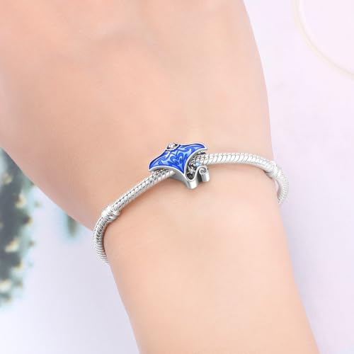925 Sterling Silver Charms Bead for Bracelets Necklaces, Star Moon Crescent Sun Solar Pendent, Blue Ocean Starfish Shells Turtle Crab Starry Sea Cute Jewelry Birthday Gifts for Women Men - style: Manta ray charms