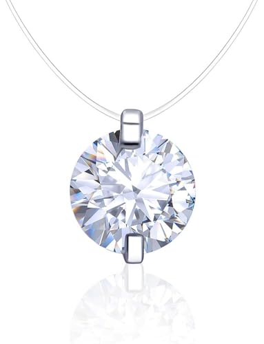 Teardrop 925 Silver CZ Floating Pendant Necklace 16 Inch Cubic Zirconia Invisible Necklace, Hypoallergenic, Jewelry Gifts for Women Anniversary Birthday - color: Round-Shaped_8MM