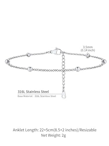 ChainsHouse Ankle Bracelets for Women, Stainless Steel Beaded Chain Ankle Bracelet, Womens Heart Anklets for Summer Beach Jewelry Gifts - color: I: bead-3.5mm-stainless steel