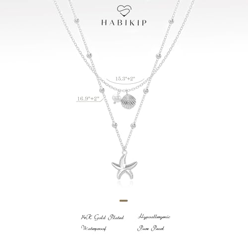Shell Starfish Charm for Women, Dainty Layered 14K Gold Plated Seashell Conch Starfish Pearl Pendant Necklace for Women Stack Trendy Beach Cuban Link CZ Chain Necklace Summer Vacation Jewelry - color: 2PCS / Silver Starfish & Shell Pearl