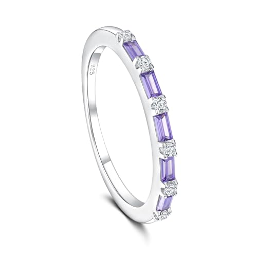 925 Sterling Silver 1.5mm Thin Baguette Stackable Rings for Women | Created Ruby/Sapphire/Emerald/Cubic Zirconia,Dainty Wedding Band Birthday Anniversary Jewelry(with Gift Box) - color: 01-Created Amethyst & CZ
