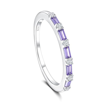 925 Sterling Silver 1.5mm Thin Baguette Stackable Rings for Women | Created Ruby/Sapphire/Emerald/Cubic Zirconia,Dainty Wedding Band Birthday Anniversary Jewelry(with Gift Box) - color: 01-Created Amethyst & CZ