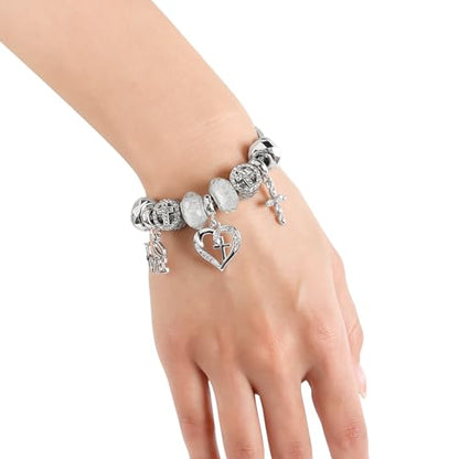 Charm Bracelet for Women, with Crystal and Heart Shape Glass Beads Sliver CZ Cross Snake Chain Bracelet, Trendy Charm Bracelet Jewelry Valentine's Day Gifts for Women