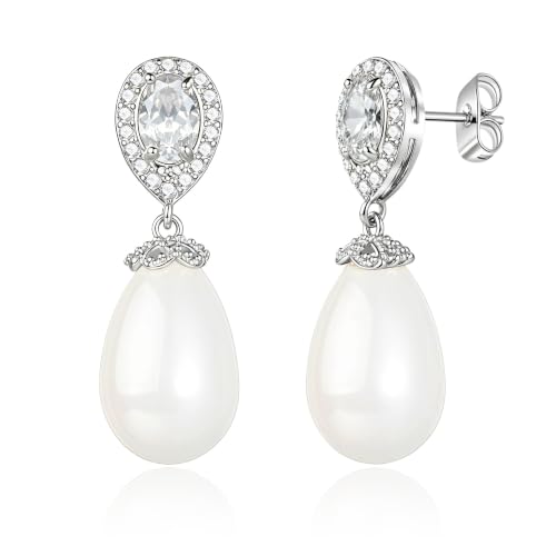 Teardrop Austrian Crystal & Pearl Drop Earrings,14K Gold Plated Elegant Dangle Earrings for Women, Bridal Wedding Jewelry Gift - color: Silver/Post