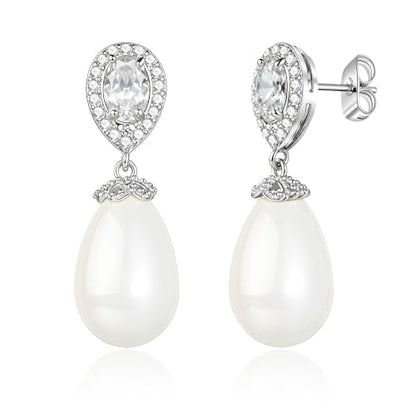 Teardrop Austrian Crystal & Pearl Drop Earrings,14K Gold Plated Elegant Dangle Earrings for Women, Bridal Wedding Jewelry Gift - color: Silver/Post