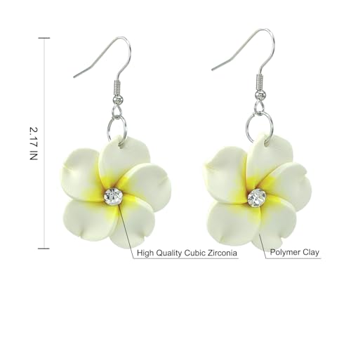Floral Dangle Earrings for Women Hawaiian Tropical Plumeria Rubra Flower Drop Earrings with Cubic Zirconia Luau Beach Party Vacation Hawaiian Accessories Jewelry Gift - color: White