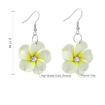 Floral Dangle Earrings for Women Hawaiian Tropical Plumeria Rubra Flower Drop Earrings with Cubic Zirconia Luau Beach Party Vacation Hawaiian Accessories Jewelry Gift - color: White