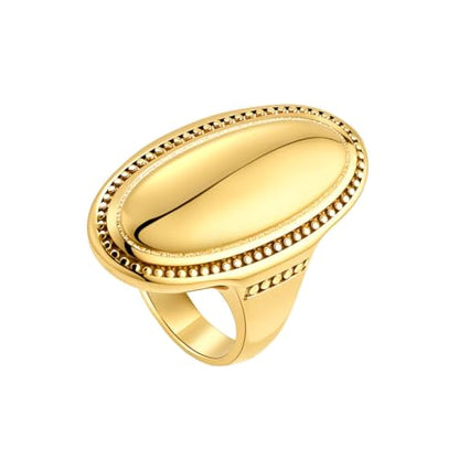 HIJONES Women's Stainless Steel Oval Checker Groove Rugby Ball Groove Dome Signet Ring Wedding Jewellery - color: Gold