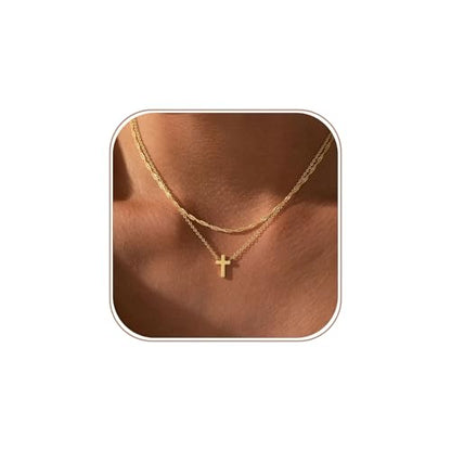 Cross Necklace for Women Dainty Small Cross Pendant Choker 14K Gold Plated Simple Trendy Cute Cross Charm Chain Necklace Easter Baptism Religious Faith Jewelry Gift - color: Layer Cross-GD
