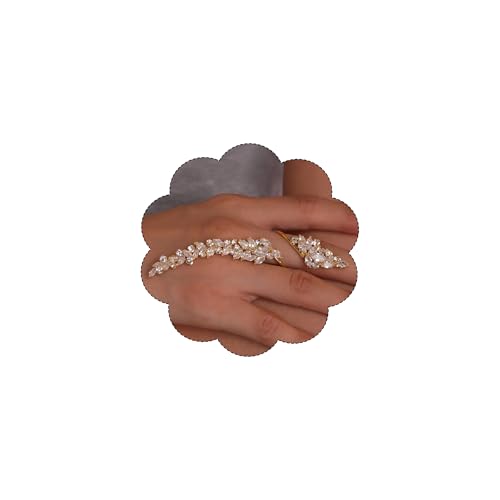 Rhinestone Finger Ring for Women Sparkly Crystal Butterfly Flower Leaf Adjustable Statement Chain Rings Punk Jewelry - color: gold leaf