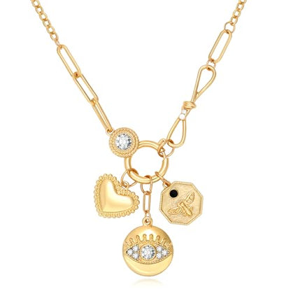 Charm Necklace for Women Gold Evil Eye Sun Moon Flower Coin Pendant Necklace Dainty Paperclip Chain Vintage Luck Amulet Choker Necklaces Celestial Jewelry Gift - style: Evil Eye, Heart, Coin