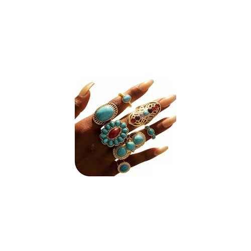 Chunky Gold Rings for Women Non Tarnish, Baroque Pearl Flower Tiger's Eye Stone Rings Adjustable Stacking Statement Rings Set Fashion Jewelry Gifts - style: Turquoise/red/colorful
