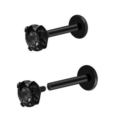 16G 18G Titanium Internal Thread CZ Stud Earrings Flat Back, Silver Black Tragus Helix Conch Cartilage Piercing Jewelry for Women Men 6mm 8mm 10mm Labret Studs 2PCS - color: Black, 16g, 6mm bar, 5mm Black CZ