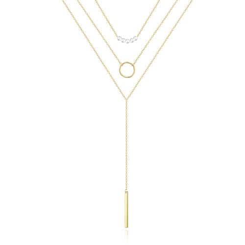 Zeffy Gold Pearl Necklace for Women, Dainty 14K Gold/Silve Plated Layered Pearl Choker Pearl Earrings Pearl Bracelets Wedding Trendy Gold Jewelry Set for Women Gifts - style: Gold Bar Y Necklace Set-3PCS