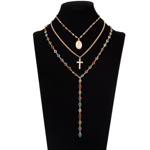 Layered Cross Necklace Set for Women, Layered Choker Necklaces Trendy Jewelry, Colorful Enamel Beaded Y-Shaped Lariat Necklace, Boho Multilayer Cross Necklace for Party and Daily Wear - color: Gold-12