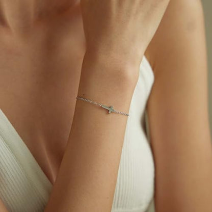 18K Gold Plated Pearl Beaded Cross Bracelets for Women Adjustable Stainless Steel Dainty Thin Gold Box Cuban Twisted Link Chain Bracelet Bridesmaid Jewelry Gifts - color: Tiny Cross-White Gold