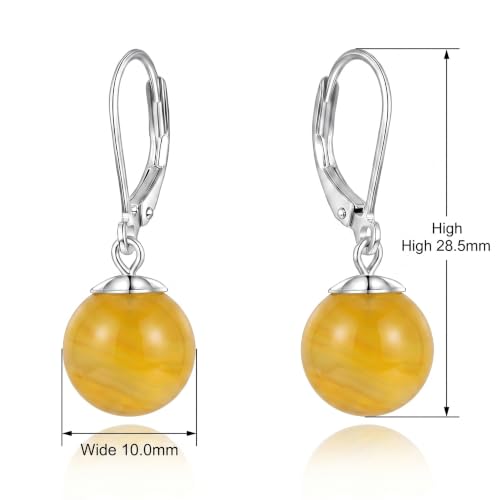 Pearl Leverback Earrings for Women Dangle Round Gemstone Earrings Birthstone Jewelry Gift Anniversary for Her - color: 16 Yellow agate