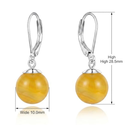 Pearl Leverback Earrings for Women Dangle Round Gemstone Earrings Birthstone Jewelry Gift Anniversary for Her - color: 16 Yellow agate