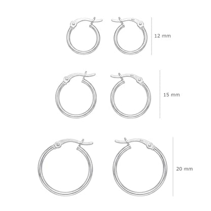 Charmsy Set of 3 Pairs 925 Sterling Silver Hoop Earrings for Women | Lightweight Italian 2.5mm Tube Diamond-Cut Classic Texured Click-Top Hoops Earring | Size 12/13/15/18/20/25mm - color: Silver 20/15/12mm