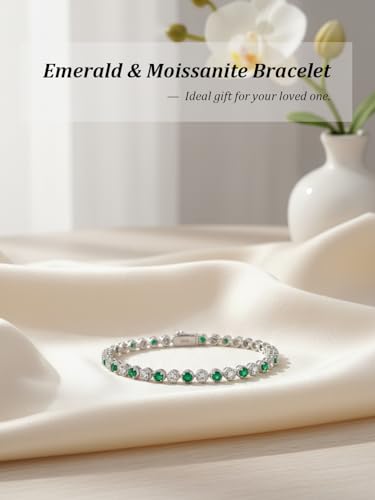 D Color VVS1 Clarity Moissanite and Genuine Sapphire/Emerald/Ruby Tennis Bracelets for Women 2.22ct-10.45ct, Solid 925 Sterling Silver, Anniversary Wedding Valentines Jewelry for Her, Length 5.9-7.5 Inch(15-19cm) - color: Moissanite & Emerald (3.4 - 4.2 C