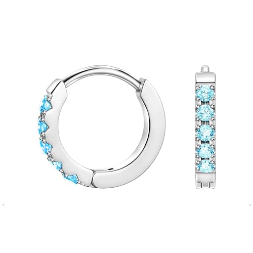 Birthstone Huggie Hoop Earrings for Women, Cubic Zirconia Small Hoops | 316L Surgical Steel, 18K Gold or Silver, 6-10mm, Hypoallergenic Waterproof, Cartilage Piercing, Birthday Gift - color: 03 MAR. Aquamarine - Silver, size: 8mm