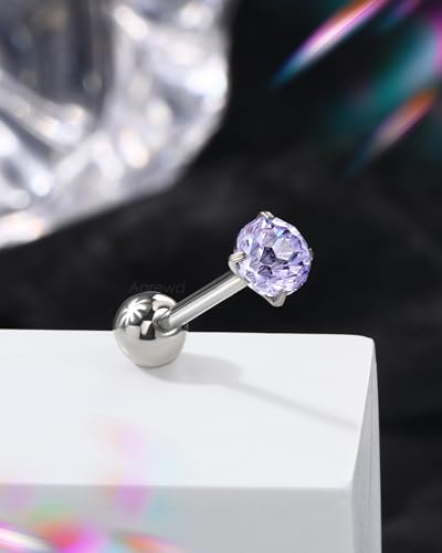 G23 Solid Titanium Tongue Ring Barbell 14G Firework CZ Bar Tongue Rings Surgical Steel Toungue Piercing - color: Pueple