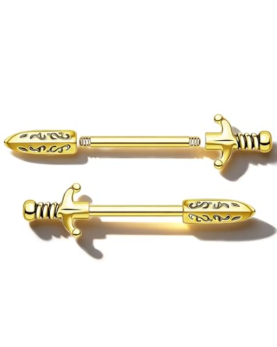 Jewseen 14G Nipple Rings Sword Nipple Piercing Jewelry Surgical Steel Nipple Barbell Straight Bar Body Piercing Jewelry for Women - color: Gold