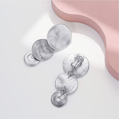 Matte Gold Silver Geometry Clip On Earrings for Women Retro Drop Clip Earrings for Women - style: 3 silver discs