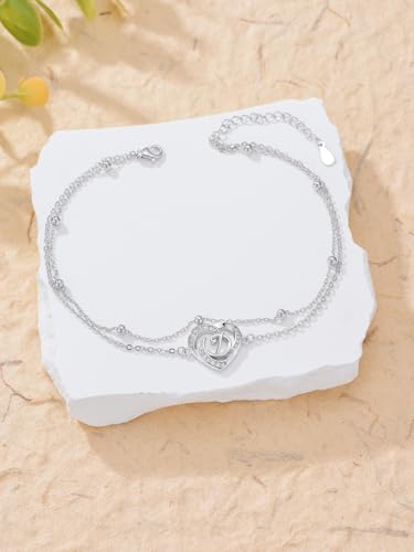 Dorunmo Initial Anklet 925 Sterling Silver Letter A-Z Layered Heart Anklet Beach Jewelry Birthday Gifts for Women - color: D