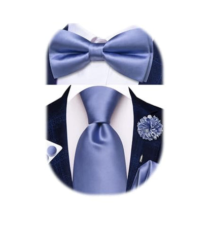 Hi-Tie 5Pcs Mens Solid Color Silk Tie Satin Pretied Bowtie Lapel Pin for Men Handkerchief Cufflink Wedding Gift Box - color: Dusty Blue