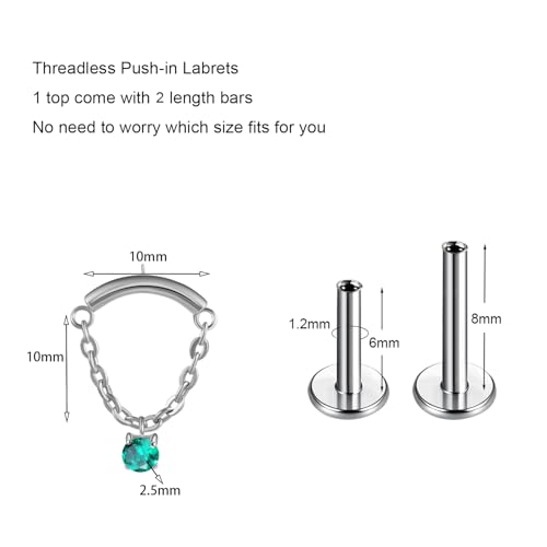 BelezaDosas G23 Titanium Labret Studs Threadless Push-in Labret Press Fit 16G Cluster Helix Lobe Conch Tragus Push Back Piercing Jewelry - style: chain silver green