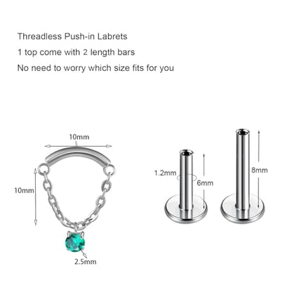 BelezaDosas G23 Titanium Labret Studs Threadless Push-in Labret Press Fit 16G Cluster Helix Lobe Conch Tragus Push Back Piercing Jewelry - style: chain silver green