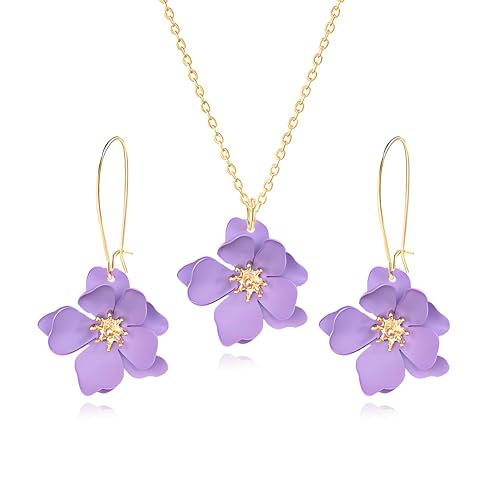 WCRAZYE Bohemian Daisy Flower Earrings Necklace Sets for Women Unique Trendy Boho Matte 3D Gold Flower Floral Petal Statement Earring Wedding Jewelry - color: Purple