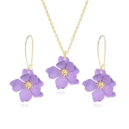 WCRAZYE Bohemian Daisy Flower Earrings Necklace Sets for Women Unique Trendy Boho Matte 3D Gold Flower Floral Petal Statement Earring Wedding Jewelry - color: Purple