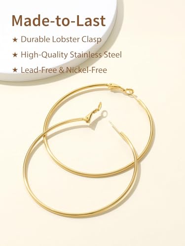 FindChic Thin Hoop Earrings for Women,Silver/Black/Gold Plated 20-100mm - color: Gold, size: 70mm