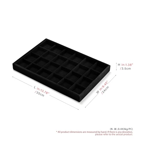 Black Velvet 24 Grid Divided Jewelry Display Organizer Tray | Soft black velvet 24-grid divided tray with sturdy base, stackable storage for small jewelry, home vanity & retail display - size: 24 Grid