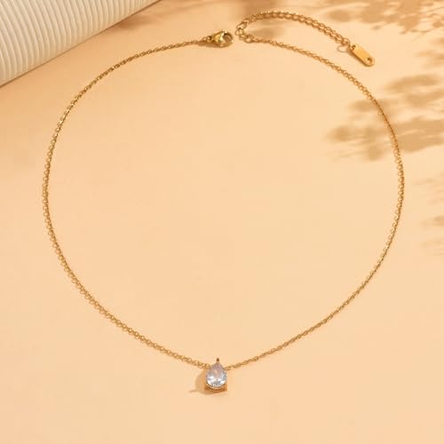 Cubic Zirconia Necklaces for Women 18K Gold Plated Tear drop Necklace Dainty Layered CZ Lariat Diamond Necklace - color: White Teardrop-Gold