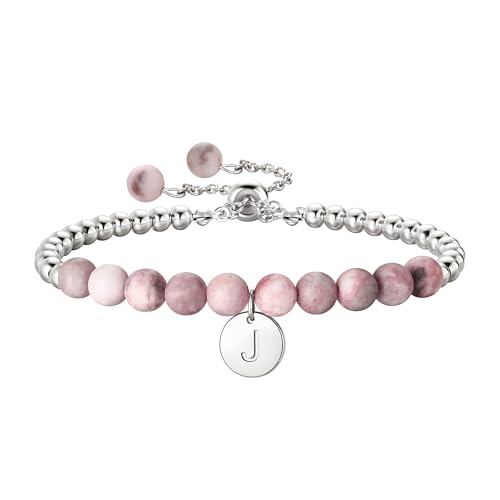 Ritach Initial Bracelets for Girls Kids - Pink Zebra Natural Stone Disc/Heart Initial Bracelet Adjustable Gold/Silver Beaded Bracelets for Girls Kids Teen Girl Jewelry Birthday Gifts - color: J-Silver