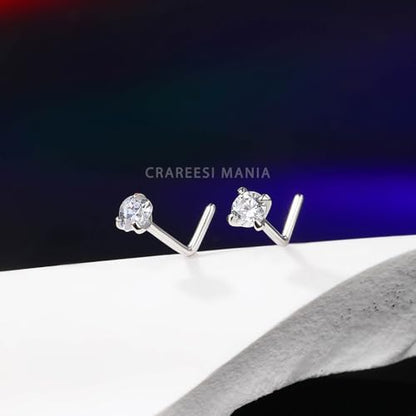 14K Real Gold Nose Studs 20G Nose Rings Studs L Shaped Nose Rings for Women Men Diamond CZ Nose Piercing - color: White Gold-Heart CLCZ