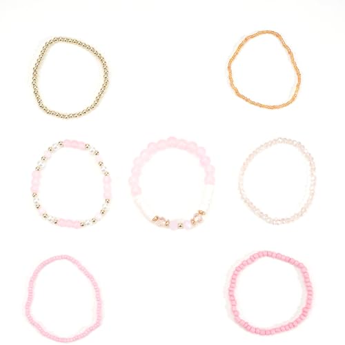 7Pcs Bohemia Multilayer Stackable Crystal Beaded Bracelet Set Multicolor Surfer Heishi Clay Gold Beaded Friendship Stretch Bracelets for Women Men Summer Beach Boho Vacation Jewelry Gifts - color: Z-Pink