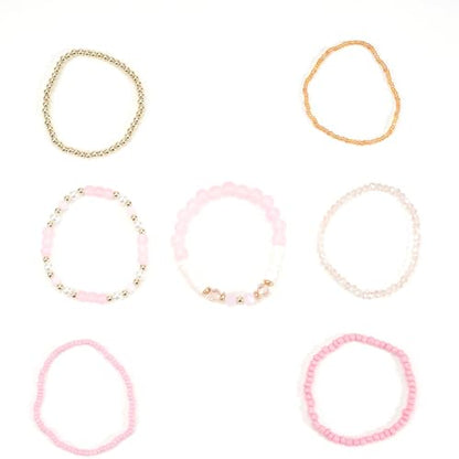 7Pcs Bohemia Multilayer Stackable Crystal Beaded Bracelet Set Multicolor Surfer Heishi Clay Gold Beaded Friendship Stretch Bracelets for Women Men Summer Beach Boho Vacation Jewelry Gifts - color: Z-Pink