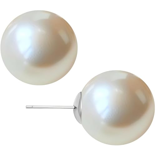 White Faux Pearl Stud Earrings, S925 Silver Posts Hypoallergenic for Women - color: Creamy White, size: 12mm