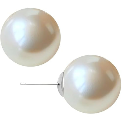 White Faux Pearl Stud Earrings, S925 Silver Posts Hypoallergenic for Women - color: Creamy White, size: 12mm