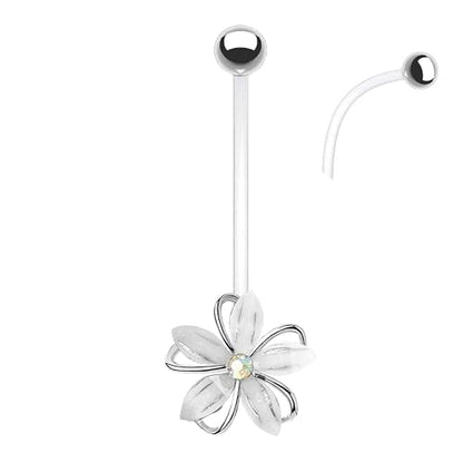 VERAMI 14G 38mm Pregnancy Belly Button Rings Flexible Bioplast Long Bar Flower Belly Rings for Maternity Clear Navel Piercing Retainer - color: Silver-white flower