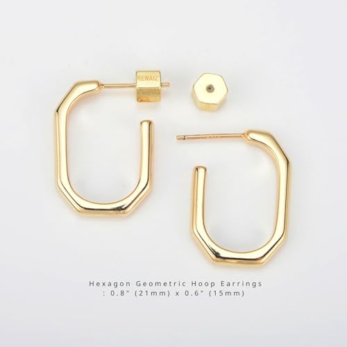 RENAIZ Dainty Lightweight Hoop & Stud Earrings for Women – 14K Gold Plated & Rhodium Plated, Minimalist Geometric Hypoallergenic Jewelry, Tiny Dainty Everyday Studs and Hoops - color: Yellow Gold, style: Hexagon